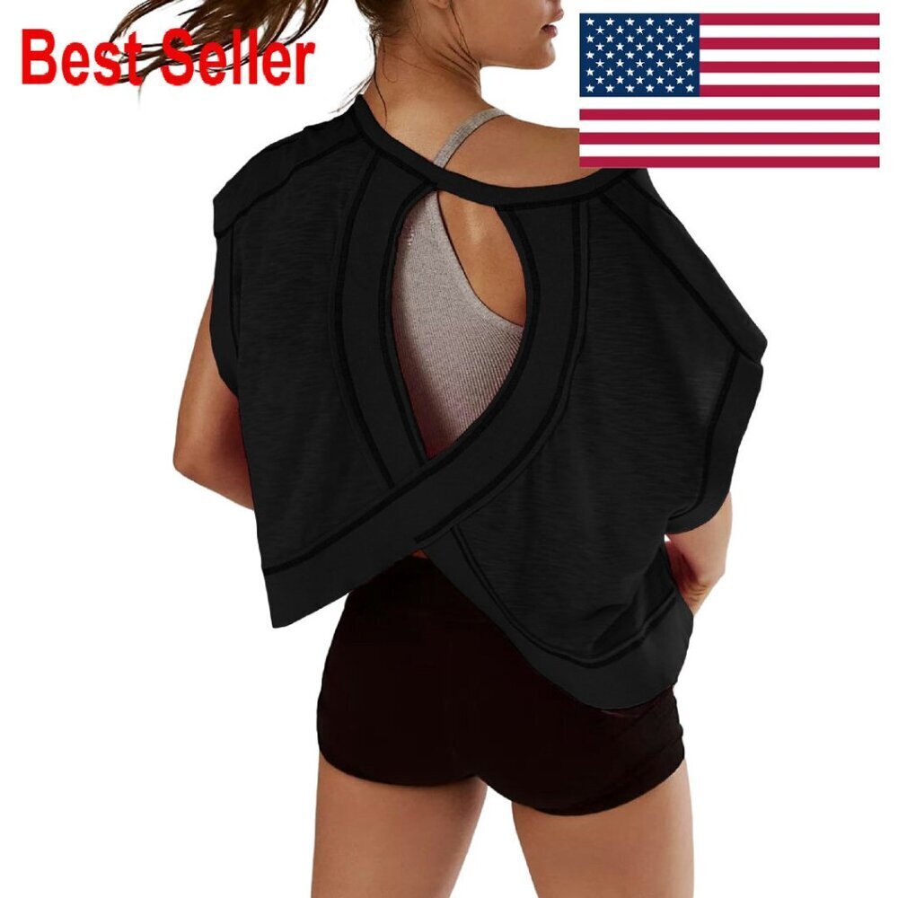 Open Back Workout Top Slouchy Crop Y2K Athletic Gym Casual Yoga Tee